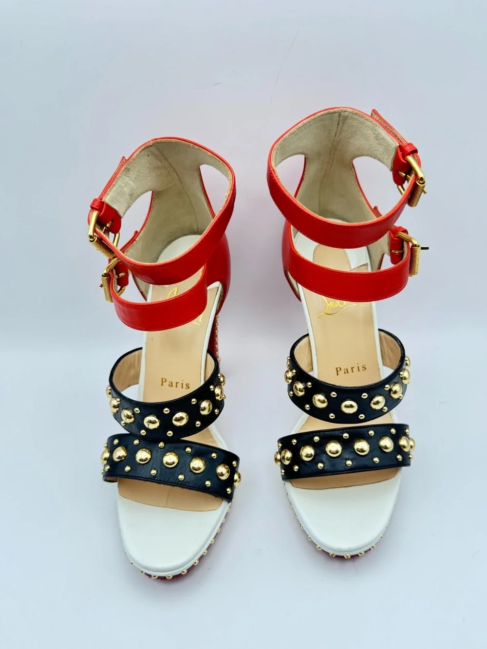 Christian Louboutin Decodame 120 Studded Red Black White Platform Sandals Sz 36